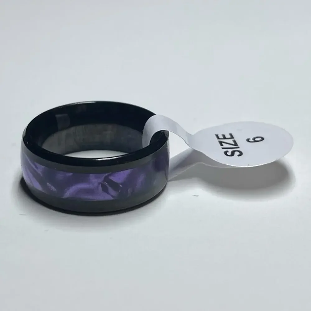 8mm Black Tungsten With Synthetic Purple Tiger Cowrie Inlay Band Ring Size 6